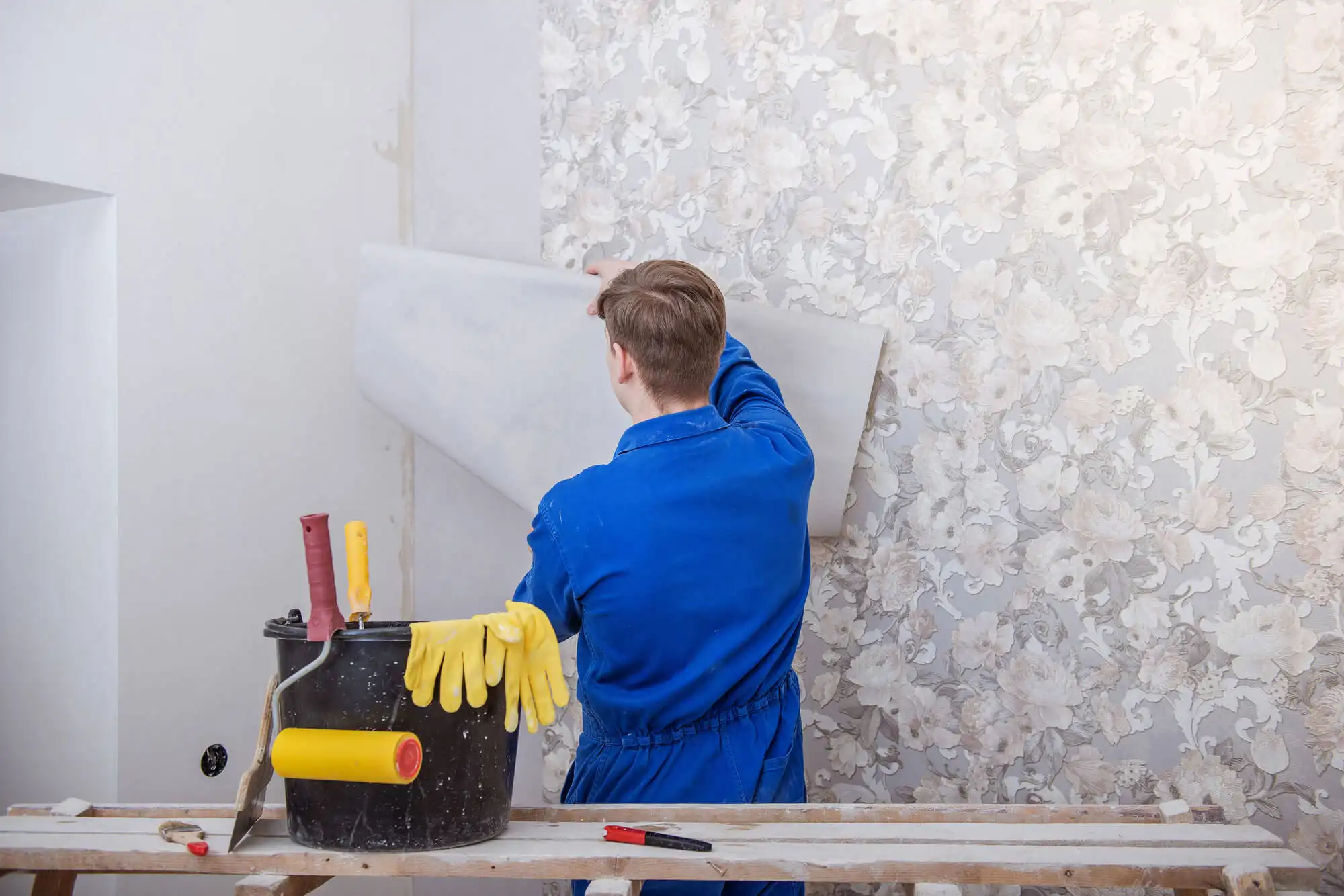 Custom accent wall wallpaper in a bedroom in Arts District, Los Angeles